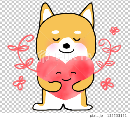 柴犬擁抱著一顆含苞待放的粉紅色心形 132533151