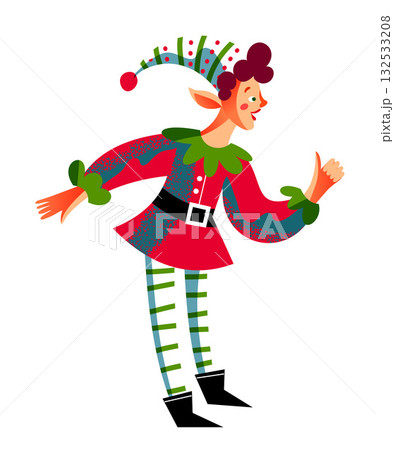 Christmas elf with curly hair in red and green costume. Festive character wearing striped leggings, jester hat with pompom, and cheerful expression. Holiday helper pose. Flat vector illustration 132533208