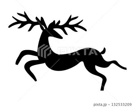 Christmas reindeer silhouette with antlers. Elegant leaping deer icon representing winter holiday tradition and festive spirit. Minimalistic black vector illustration Christmas reindeer silhouette with antlers. Elegant leaping deer icon representing winter holiday tradition and festive spirit. Minimalistic black vector illustration 132533209