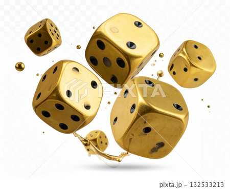 A pair of golden dice with black dots isolated on a background. A pair of golden dice with black dots isolated on a background. 132533213