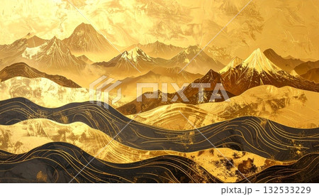 The golden sunlight shines on the golden mountain peaks, creating a breathtaking view of the golden mountains, sunrise and sunset. 132533229