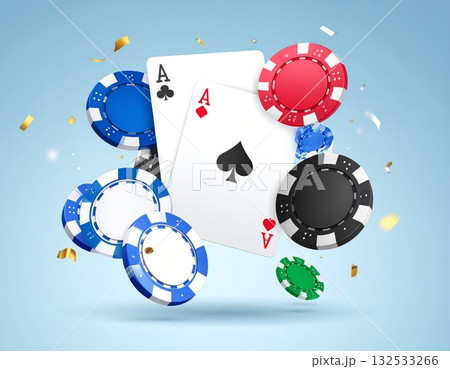 A close-up of poker chips and playing cards, a potent icon of casino gambling A close-up of poker chips and playing cards, a potent icon of casino gambling 132533266