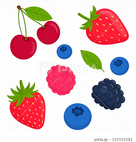 A colorful collection of fresh, ripe berries and cherries including strawberries, raspberries, and blueberries isolated on a white background A colorful collection of fresh, ripe berries and cherries including strawberries, raspberries, and blueberries isolated on a white background 132533281