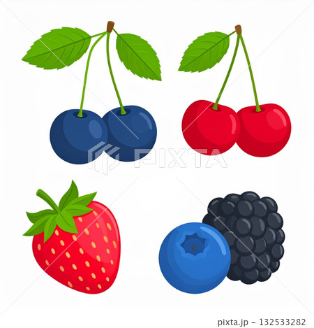 A colorful collection of fresh, ripe berries and cherries including strawberries, raspberries, and blueberries isolated on a white background A colorful collection of fresh, ripe berries and cherries including strawberries, raspberries, and blueberries isolated on a white background 132533282