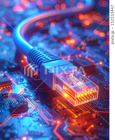 Close-up of a computer motherboard with CPU and other electronic components. 132533447