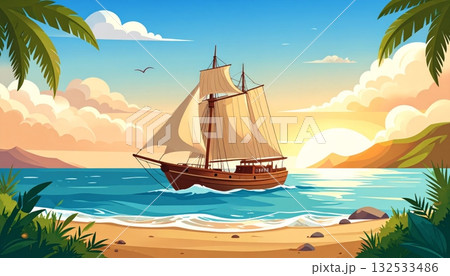 A majestic tall ship with billowing sails cruises toward the sunset horizon, a lone vessel on the vast nautical ocean 132533486