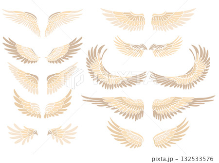 Vector clip arts set of cartoon bird wings. Collection of angel wings isolated of the background. A symbol of freedom and flight 132533576