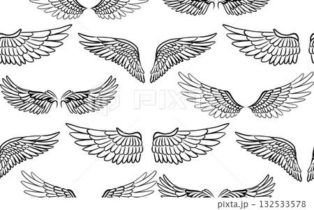 Vector pattern of black contour angel wings on white background. Texture with hand-drawn detailed feathers. 132533578