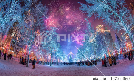 Festive winter with lights and fireworks 132533668