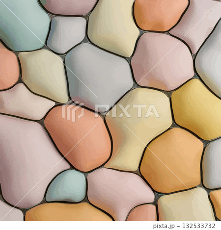 Brightly colored pebbles arranged in a decorative pattern on a smooth surface 132533732