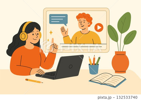 Online education and webinars: a girl studies at home using a laptop and headphones, with a lecturer on the screen. The concept of distance learning, video conferencing, and remote work. Flat style. Online education and webinars: a girl studies at home using a laptop and headphones, with a lecturer on the screen. The concept of distance learning, video conferencing, and remote work. Flat style. 132533740