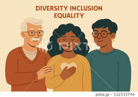 Flat-style illustration of diverse people standing together with words “Diversity, Inclusion, Equality” above. Promotes unity, respect, and social awareness in modern communities. Flat-style illustration of diverse people standing together with words “Diversity, Inclusion, Equality” above. Promotes unity, respect, and social awareness in modern communities. 132533744