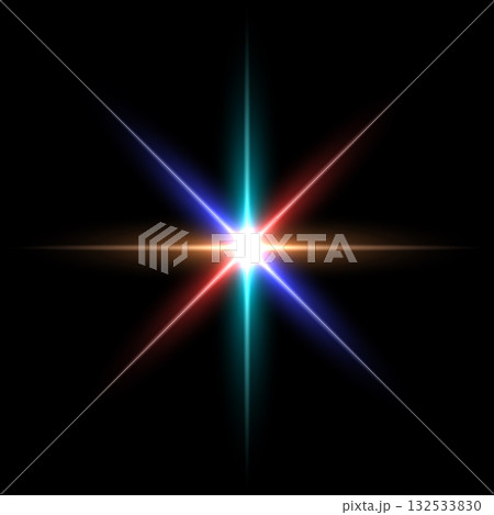 Shine light with flash effect. Multicolor glow star glared on black background. Bright sparkling vector illustration. Flash of light with ray beams in space. Abstract sparkle glares 132533830