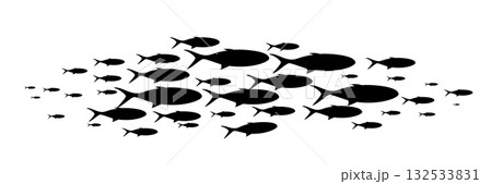Fish group swimming. School of blackfish. Silhouette of group of sea fishes. Abstract vector illustration isolated on transparent Fish group swimming. School of blackfish. Silhouette of group of sea fishes. Abstract vector illustration isolated on transparent 132533831