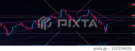Pink and blue candlestick chart showing upward and downward trends, representing cryptocurrency trading activity and market volatility 132534026