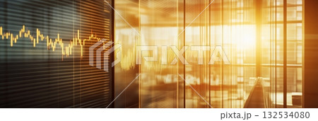 Golden candlestick chart reflecting on glass window in a modern office building at sunset, showcasing investment, finance, and cryptocurrency trading Golden candlestick chart reflecting on glass window in a modern office building at sunset, showcasing investment, finance, and cryptocurrency trading 132534080
