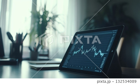 Growing stock market data is displayed on a tablet on a desk in a home office, suggesting a successful investment in cryptocurrency 132534089
