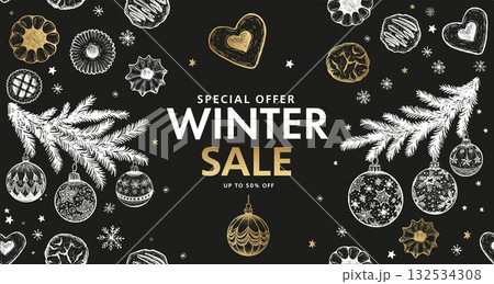 Winter sale, Christmas Cookie and ball set on black, Hand drawn illustration. Winter sale, Christmas Cookie and ball set on black, Hand drawn illustration. 132534308