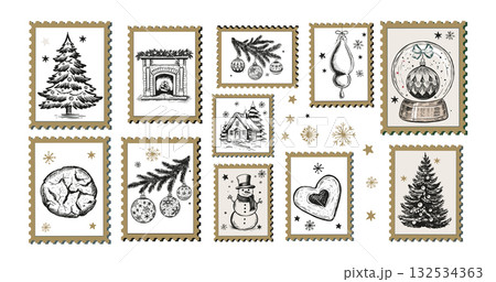 Hand-Drawn Christmas Festive Stamps Collection Hand-Drawn Christmas Festive Stamps Collection 132534363