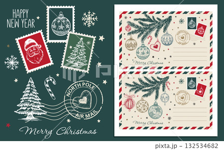 Christmas postcard, card with tree and ball, Festive Stamps Collection, hand drawn illustration. Christmas postcard, card with tree and ball, Festive Stamps Collection, hand drawn illustration. 132534682