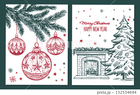 Christmas set with ball and fireplace in sketch style. Hand drawn illustration. Christmas set with ball and fireplace in sketch style. Hand drawn illustration. 132534694