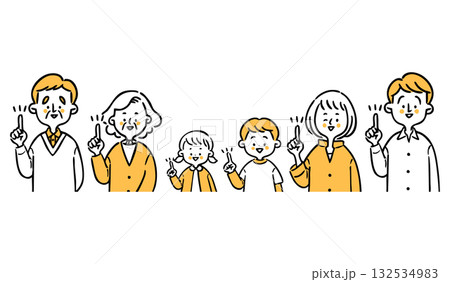 指差しをする家族三世代（オレンジ）　上半身　ベクター 132534983