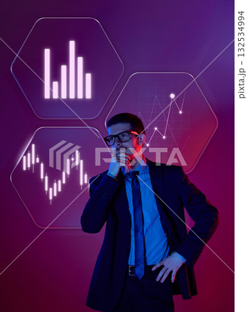 Digital artwork. Businessman thinking in front of glowing data charts with holographic projections Digital artwork. Businessman thinking in front of glowing data charts with holographic projections 132534994