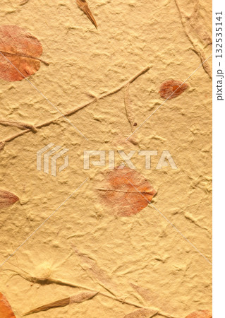 Vintage brown natural mulberry paper with visible grass and leaves 132535141