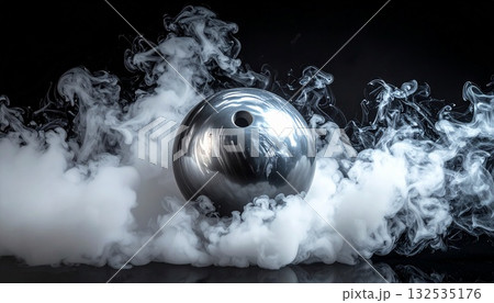 黒背景に漂うスモークとボウリングボール 132535176