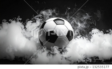 黒背景に漂うスモークとサッカーボール 132535177