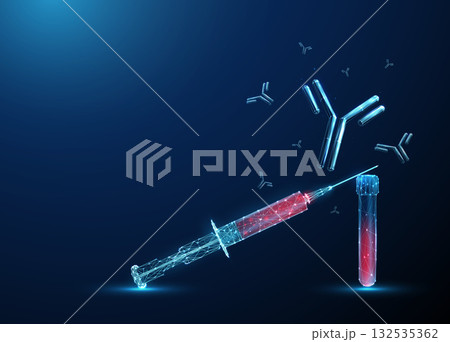 Abstract blood syringe on test tube with flying antibodies around. Immune response, antibody-based diagnostics, serological testing, healthcare, laboratory research concept. Abstract blood syringe on test tube with flying antibodies around. Immune response, antibody-based diagnostics, serological testing, healthcare, laboratory research concept. 132535362