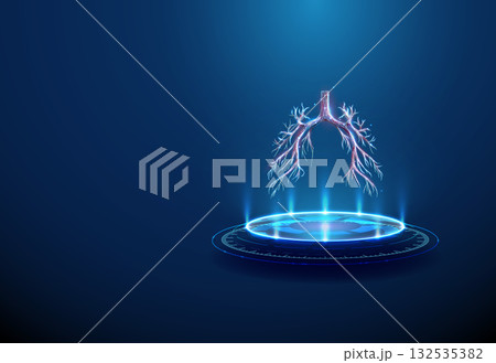 Red human bronchial tree on futuristic podium. Pulmonology, lung anatomy, medical research, diagnostic imaging, healthcare and medicine concept. Red human bronchial tree on futuristic podium. Pulmonology, lung anatomy, medical research, diagnostic imaging, healthcare and medicine concept. 132535382