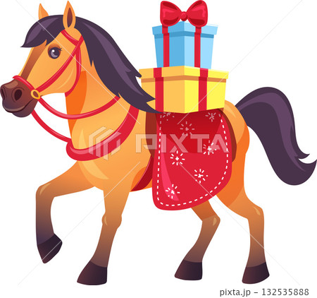 Brown horse carrying Christmas gift boxes outdoors 132535888