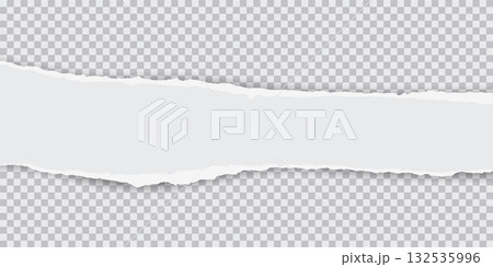 Torn white paper sheet with ripped edges on transparent background. Scrapbook edge, notebook tear, blank page split vector illustration. Damaged letter, document mockup, promotion banner 132535996