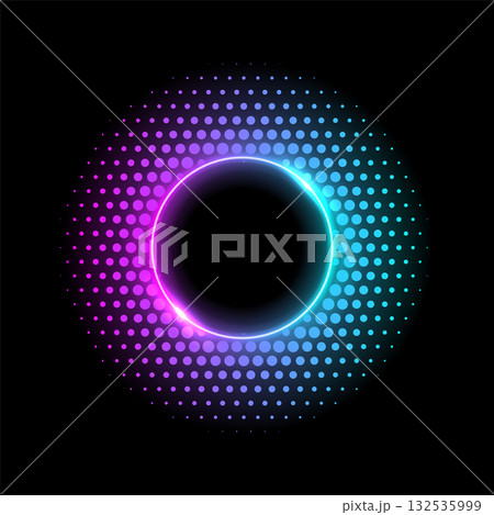 Color dotted round pattern. Neon blue pink frame with halftone effect. Abstract shining background with light glowing elements. Glitter circle ring. Modern futuristic vector illustration Color dotted round pattern. Neon blue pink frame with halftone effect. Abstract shining background with light glowing elements. Glitter circle ring. Modern futuristic vector illustration 132535999