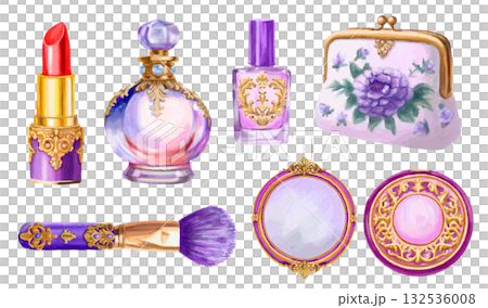 一組紫色的化妝品，上面繪有手繪水彩圖案。 132536008