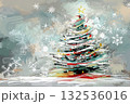 White red golden christmas tree oil illustration made with strokes paint 132536016