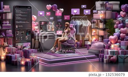 ハートのアイコンとプレゼントに囲まれたストリーマーの部屋 132536079