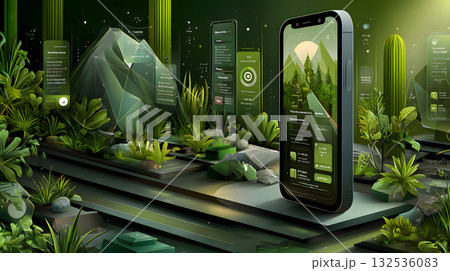 緑の植物と未来的なスマートフォンUIのデジタルアート 緑の植物と未来的なスマートフォンUIのデジタルアート 132536083