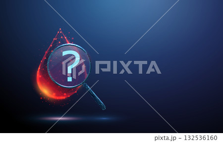 3D red blood drop under a magnifying glass with a question mark inside. Medical diagnostics, hematology, unknown pathology, undiagnosed condition concept 132536160