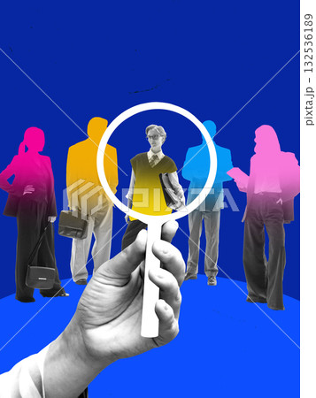 Vibrant artwork. Hand holding magnifying glass highlighting selected employee for recruitment Vibrant artwork. Hand holding magnifying glass highlighting selected employee for recruitment 132536189