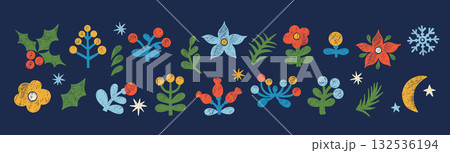 Crayon Flower. Folk Art. Floral Elements set. Christmas poinsettia, holly, plant and Berries, Branches. Isolated Bright Textured Hand Drawing doodles. Primitive Modern vector illustration. Not AI Crayon Flower. Folk Art. Floral Elements set. Christmas poinsettia, holly, plant and Berries, Branches. Isolated Bright Textured Hand Drawing doodles. Primitive Modern vector illustration. Not AI 132536194