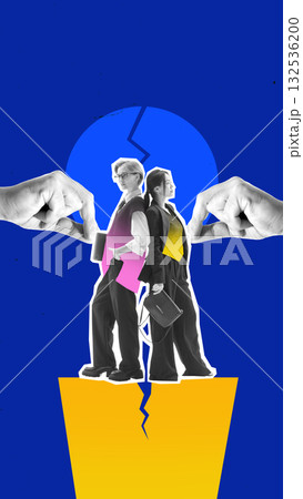 Surreal collage art. Two professionals being separated by hands symbolizing HR conflict or job termination 132536200