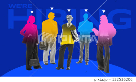 Graphic composition. Group of colorful silhouettes with text we are hiring highlighting recruitment campaign Graphic composition. Group of colorful silhouettes with text we are hiring highlighting recruitment campaign 132536206