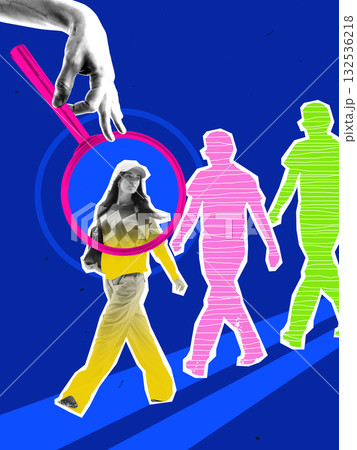 Creative digital artwork. Magnifying glass highlighting walking candidate among colorful silhouettes Creative digital artwork. Magnifying glass highlighting walking candidate among colorful silhouettes 132536218
