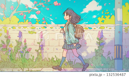 桜並木と女子高生の手描きイラスト素材、新生活や入学シーズンのイメージに最適 132536487