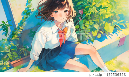 春の暖かさと青春の輝きを描いた制服女子高生のスピリチュアルな雰囲気のイラスト 132536528