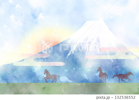 午年年賀状　馬と富士山と日の出 132536552