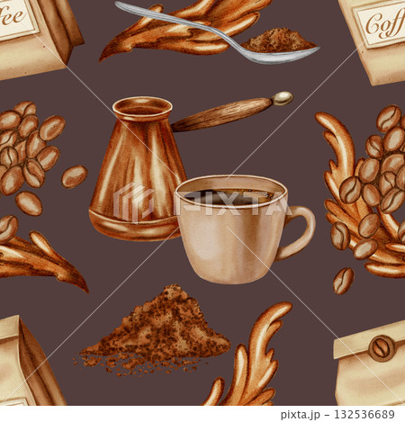 A seamless watercolor pattern with a cup, a cezve, coffee beans, and splashes. Coffee pattern. Perfect for packaging, cafes, menus, and coffee shop branding. 132536689