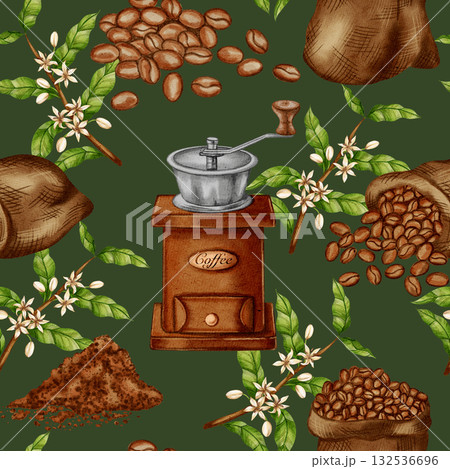 Hand painted watercolor seamless pattern with vintage coffee grinder, jute sacks, beans, and coffee flowers. Great for cafe, shop, menu, and product packaging design. 132536696
